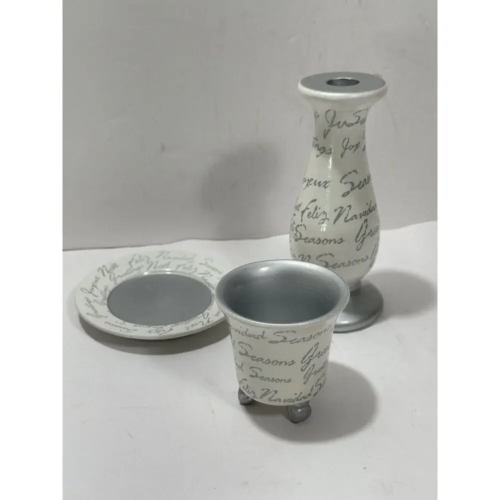 3 Piece Set Candle Holder Cup And‎ Plate Writing Seasons Greetings White Ceramic